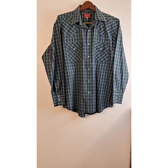 ELY PLAINS MEN BLUE PLAID PEARL SNAP WESTERN COWBOY BUTTON FRONT SIZE LARGE WORK - Picture 1 of 4